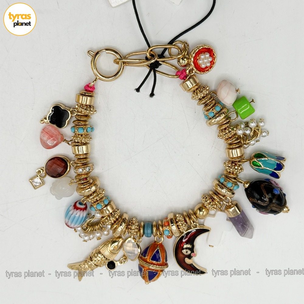 Piper K Multi Charm Bracelet Gold Hand Painted Genuine Stones Moon Fish Cross